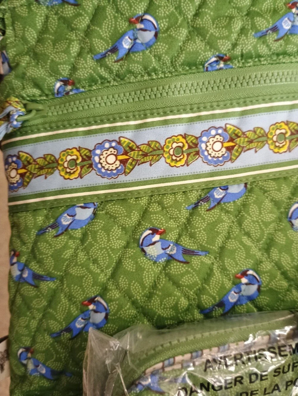 Vera Bradley Green Floral Bird Crossbody Bag with Blue Accents
